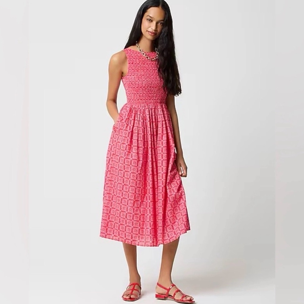 J. CREW Dress Smocked Boatneck Midi Cerise Lotus Bloom Pockets 2025